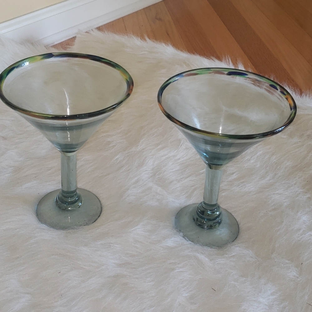 PIER I Imports Set of Two Mexican Hand Blown Confetti Rim Clear Martini Glasses